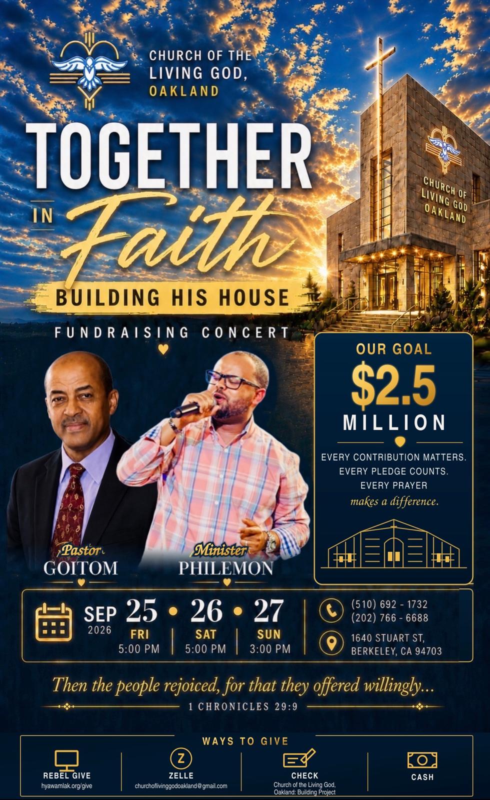 Together in Faith: Building His House fundraising concert flyer, featuring Pastor Goitom and Minister Philemon, September 25-27, 2026 at 1640 Stuart St, Berkeley, CA